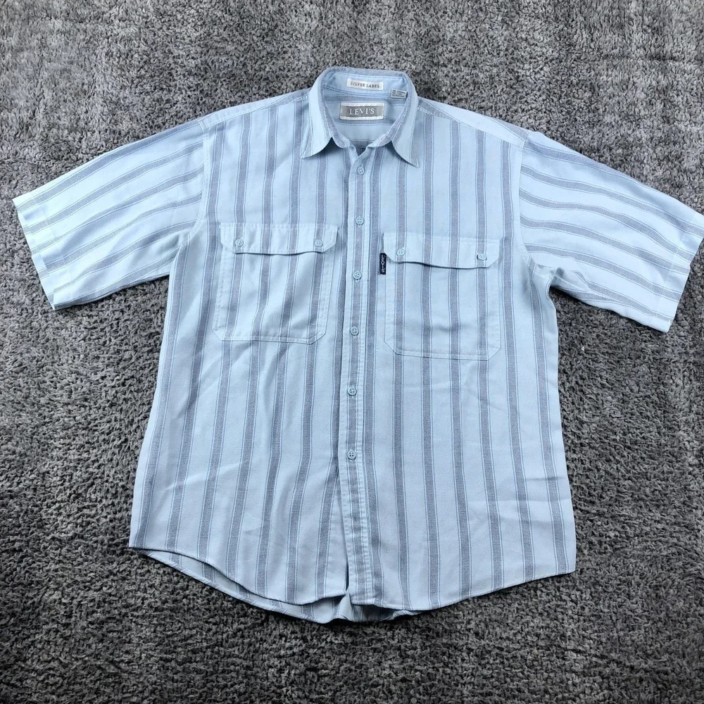 Vintage Levi's‎ Silver Label Shirt Mens Medium Blue Stripe Short Sleeve Korea